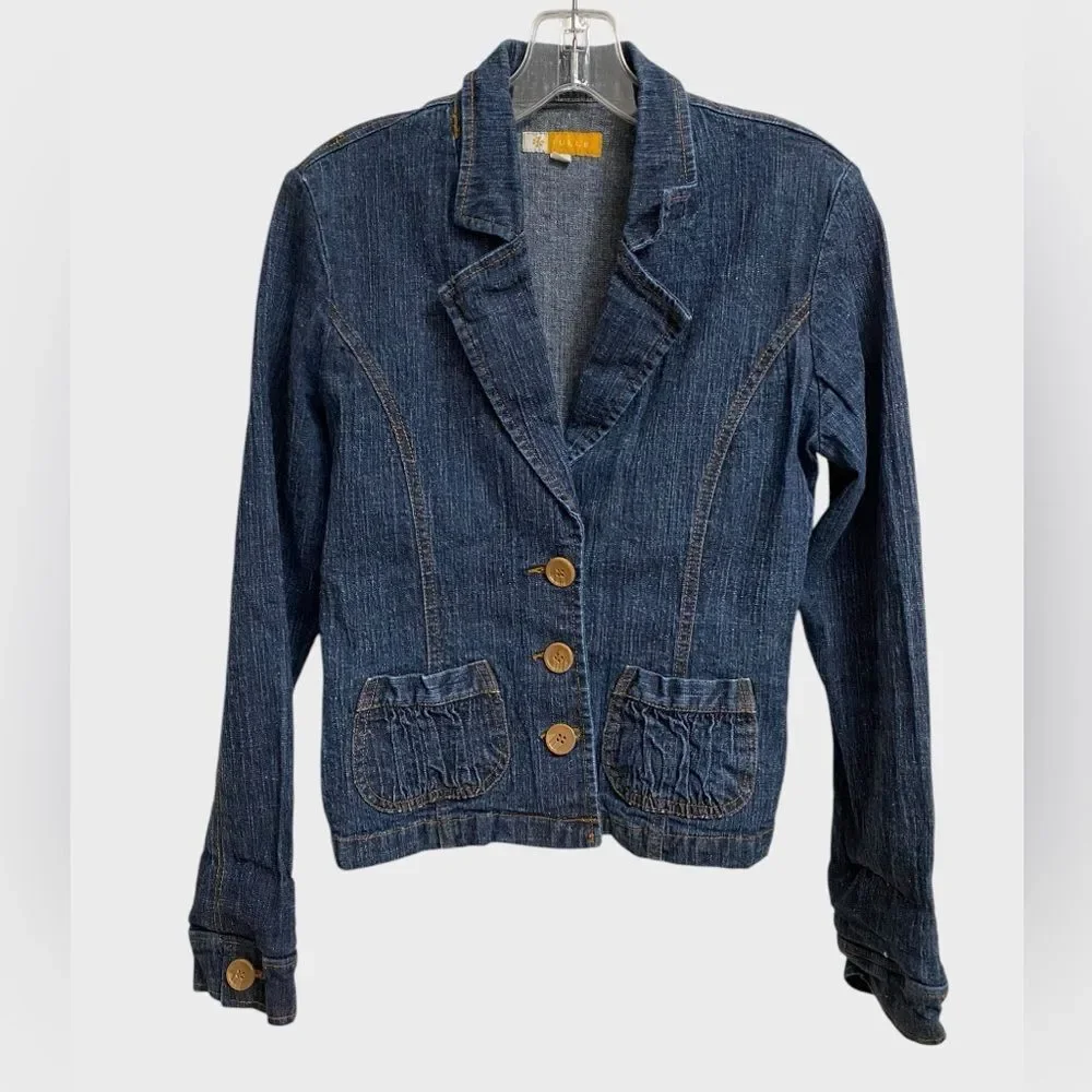 Tulle Women's Three-Button Denim Jacket Sz L Fitted Pockets Retro Chic Coquette